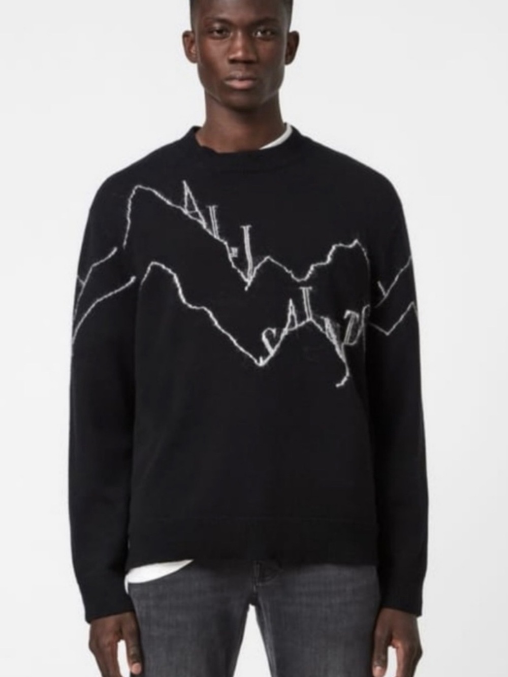 Men's Black Crewneck Sweater with White Mountain Stitch Detail